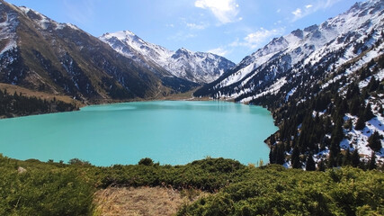 Big Almaty lake in the mountains. Beautiful landscape. Ile-Alatau National Park. Kazakhstan