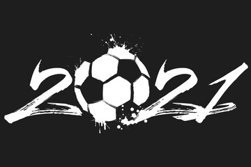 Abstract numbers 2021 and soccer ball made of blots in grunge style. 2021 New Year on an isolated background. Design pattern. Vector illustration