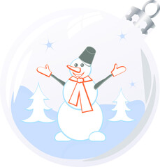 New Year and Christmas composition with cute snowman in glass bauble