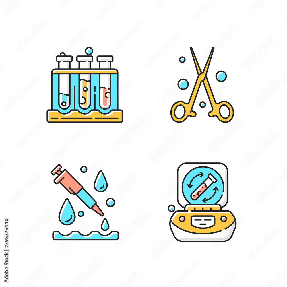 Poster laboratory instruments rgb color icons set. holding upright multiple test tubes. forceps. laboratory