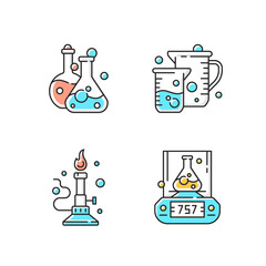 Lab tools RGB color icons set. Liquid volume measurement. Bunsen burner. Lab balance. Laboratory vessel and container. Heating, sterilization materials. Weighing device. Isolated vector illustrations