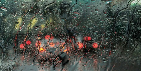 Looking through car windshield during rainstorm cars and building lights nobody