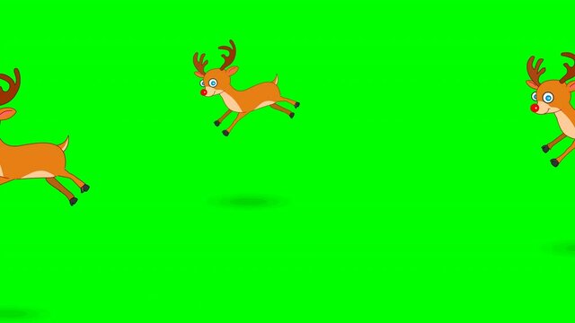 Herd of deer running, jumping. Cycle, loop  cartoon animal character animation. Transparent, green screen  background. Santa rein deers. Merry Christmas, Happy new year video.  Draw Animation footage