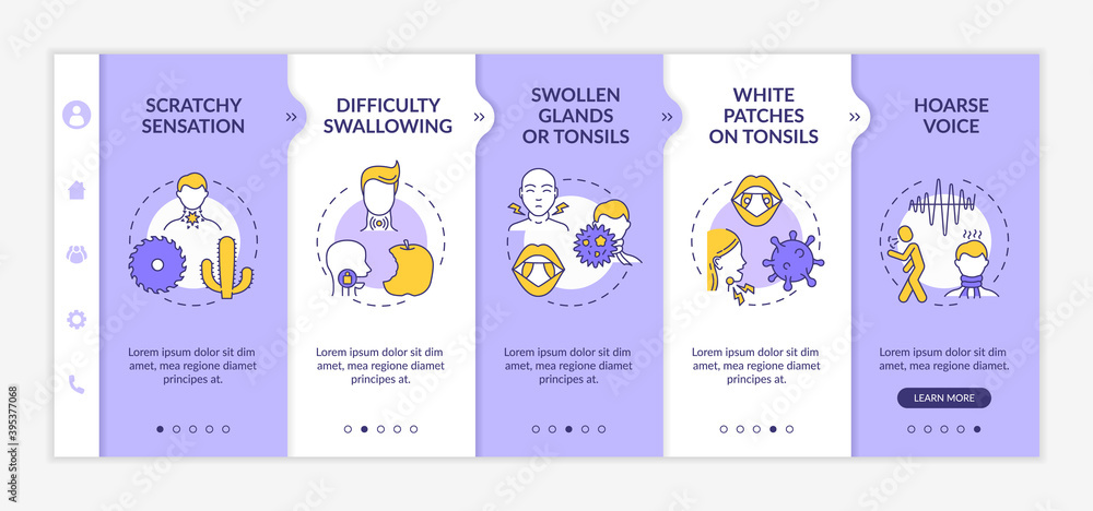 Poster throat inflammation symptoms onboarding vector template. scratchy sensation. white patches on tonsil