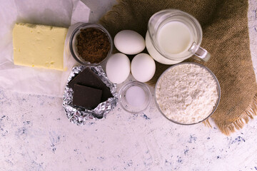 Ingredients Chocolate Baking White Background Top View Copy Space
