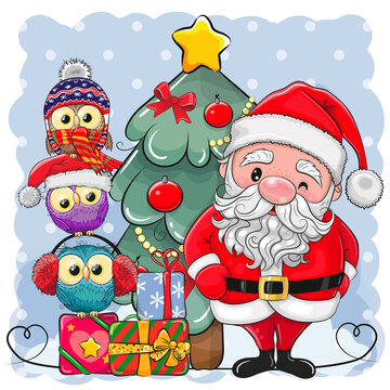 Santa Claus and three Cute Cartoon Owls