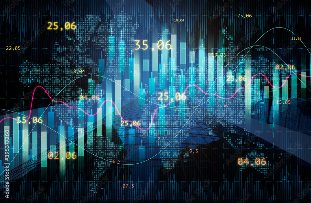 Poster Economic Background With Trading Stock Graph Over World Map And Urban Backdrop