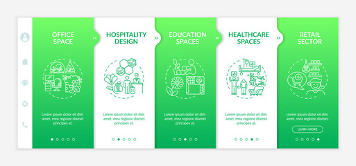 Biophilic interior design onboarding vector template. Healthcare, education space. Work place comfort. Responsive mobile website with icons. Webpage walkthrough step screens. RGB color concept