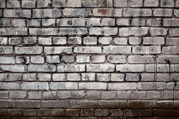 Grungy Rough Urban Background. Empty Grunge Industrial Street With White And Orange Brown Brick Wall. Covered With Plaster Paint Graffiti Brickwork. City Street Backdrop.