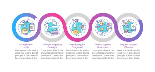 Winter blues symptoms vector infographic template. Changes in appetite, anxiety presentation design elements. Data visualization with 5 steps. Process timeline chart. Workflow layout with linear icons