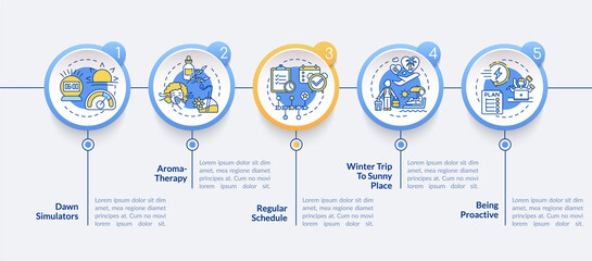 Tips to ease winter blues vector infographic template. Dawn stimulator, routine presentation design elements. Data visualization with 5 steps. Process timeline chart. Workflow layout with linear icons