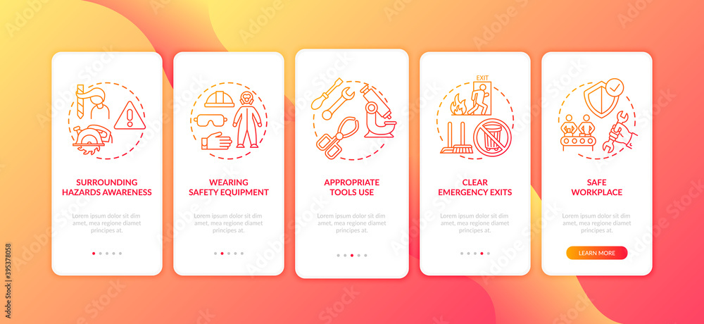 Poster workplace safety elements onboarding mobile app page screen with concepts. appropriate tools use wal