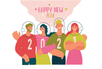 New Year 2021 creative concept illustration. Group of young cute cheerful people in protective helmets and inscriptions 2021 on their t-shirts. Flat cartoon vector illustration.
