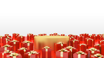 gold Round stage podium on red ground with surrounding red gift box 3d rendering