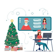 Girl chatting with a group of people online for the Christmas holidays.