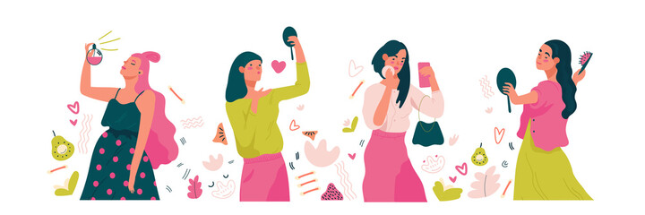 Self care Creative set of young beautiful women. Modern flat vector illustration in trendy style isolated. Beauty and fashion concept.