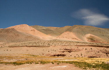 Natural texture and colors. Beautiful view of the sand dunes, mountains, green and yellow meadow and valley under a deep blue sky. 