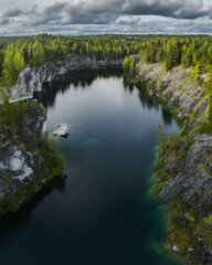 Obraz premium Aerial drone view to Marble canyon in Ruskeala Nature Reserve in Republic of Karelia, North Russia