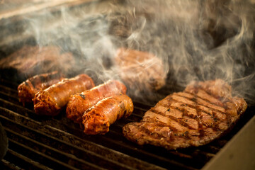 Dishes with roasted meat and vegetables