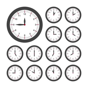 Set Of Round Clocks For Every Hour. Analog Clock With Circle Shape, Time And Minutes. Vector