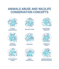 Animal abuse and wildlife conservation turquoise concept icons set. Harm to ecosystem. Environment protection idea thin line RGB color illustrations. Vector isolated outline drawings. Editable stroke