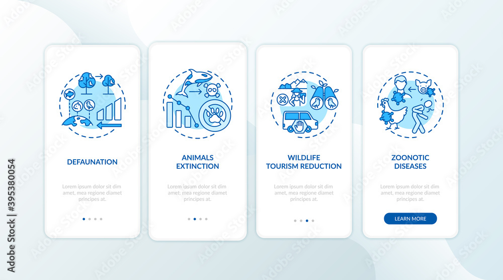 Poster nature damage blue onboarding mobile app page screen with concepts. population extinction. animal ab