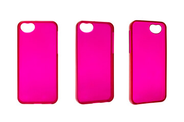 Plastic pink cover for mobile phone isolated on white background. Different angles of smart phone protector case. Silicone phone backs