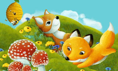 cartoon scene with forest animal on the meadow having fun - illustration