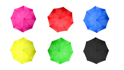 Set of multicolor umbrellas isolated on white background. Top view of classic form of colorful...