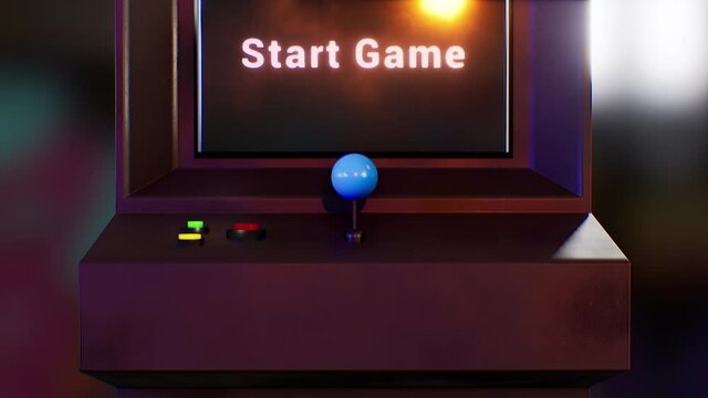 Insert coin in eighties arcade game machine. Start game text on screen. 3D Animation render. Isolated closeup.