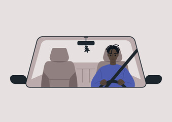 A front view of a car driven by a young male Black character, daily commute, a road trip scene