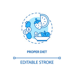 Proper diet concept icon. CFS treatment idea thin line illustration. Eating vegetables and fruit. Nutrient-dense green food. Vector isolated outline RGB color drawing. Editable stroke