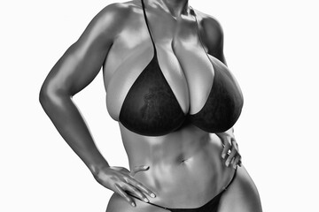 Sexy young woman with big boobs in a black bikini black and white