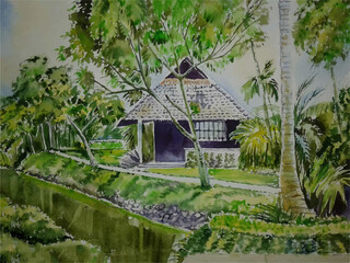 Watercolor hand drawn nature, home, lake sketch and beautiful tree illustration Premium Vector