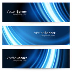 Wavy abstract banner from geometric lines vector template. Blue light curving beams design with white bright flares.