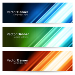 Fototapeta premium Abstract linear 3d banner from geometric stripes vector template. Ribbed blue lines with bright flashes of light in center.