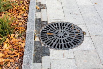 manhole cover round black metal lattice on the alley city park close-up view autumn season with fallen yellow leaves on flowerbed, nobody.