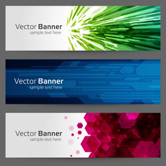 Banner with polygonal abstract shapes vector template. Green geometric flow rhomboid particles blue futuristic network.