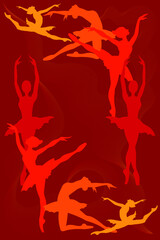 silhouettes of dancing ballerinas in red colors isolated on burgundy background with decorative elements
