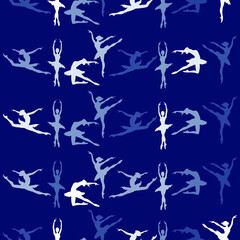 seamless pattern with silhouettes of dancing ballerinas on a blue background