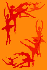 silhouettes of red dancing ballerinas isolated on orange background