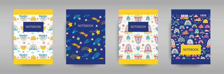 Set iridescent covers for notebooks with Boho rainbows, clouds and stars. For the design of childrens books, brochures, templates for school diaries. Vector illustration. Blue and white