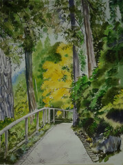 Watercolor hand drawn nature, home, lake sketch and beautiful tree illustration Premium Vector