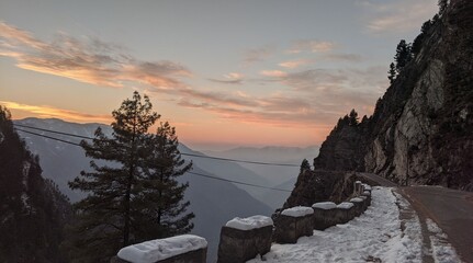 Winter sunset in after snowfall