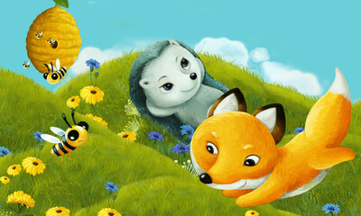 cartoon scene with forest animal on the meadow having fun - illustration