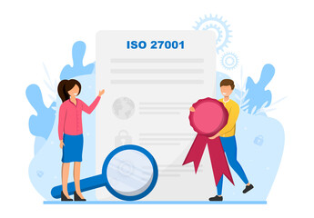 ISO 27001 certificate. Male and female caucasian chraracters hand over sertificate. Flat cartoon vector illustration
