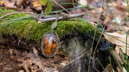 A delightful vintage pendant with sparkling orange Baltic amber lies on fresh green moss of a tree...