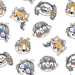 Hand-Drawn Lineart pattern. Girls and boys in funny animal masks.