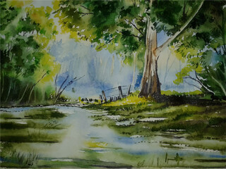 Watercolor hand drawn beautiful nature landscape illustration Premium Vector