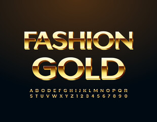 Vector chic banner Fashion Gold. Elite style Font. Shiny luxury Alphabet Letters and Numbers set